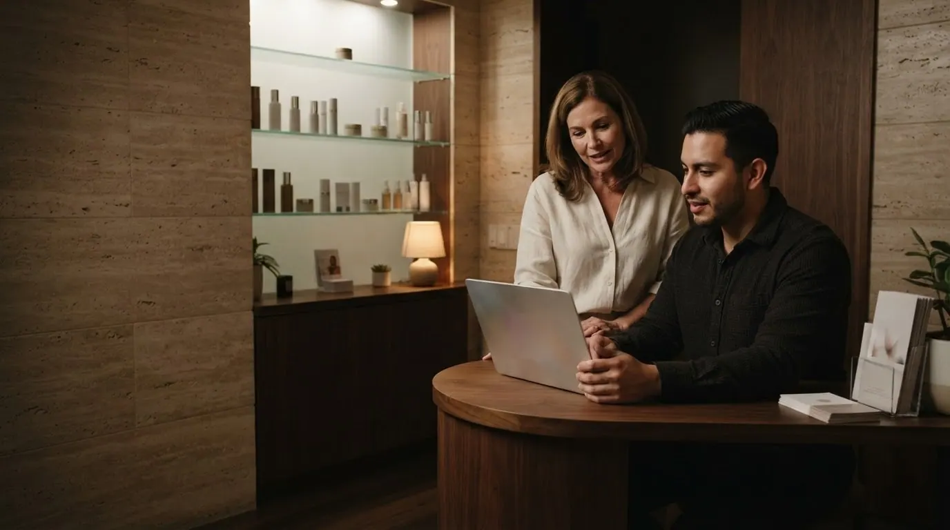 After closing, an agency owner shows a laptop to a med spa owner at a walnut reception desk