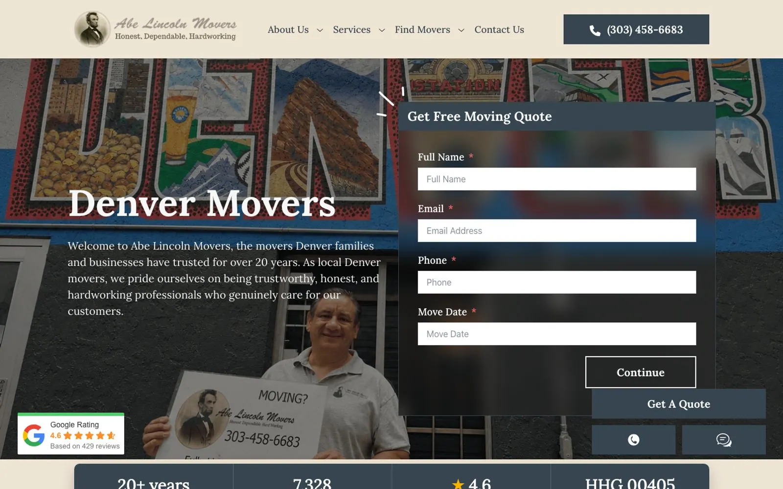 The home page of Abe Lincoln Movers and Storage