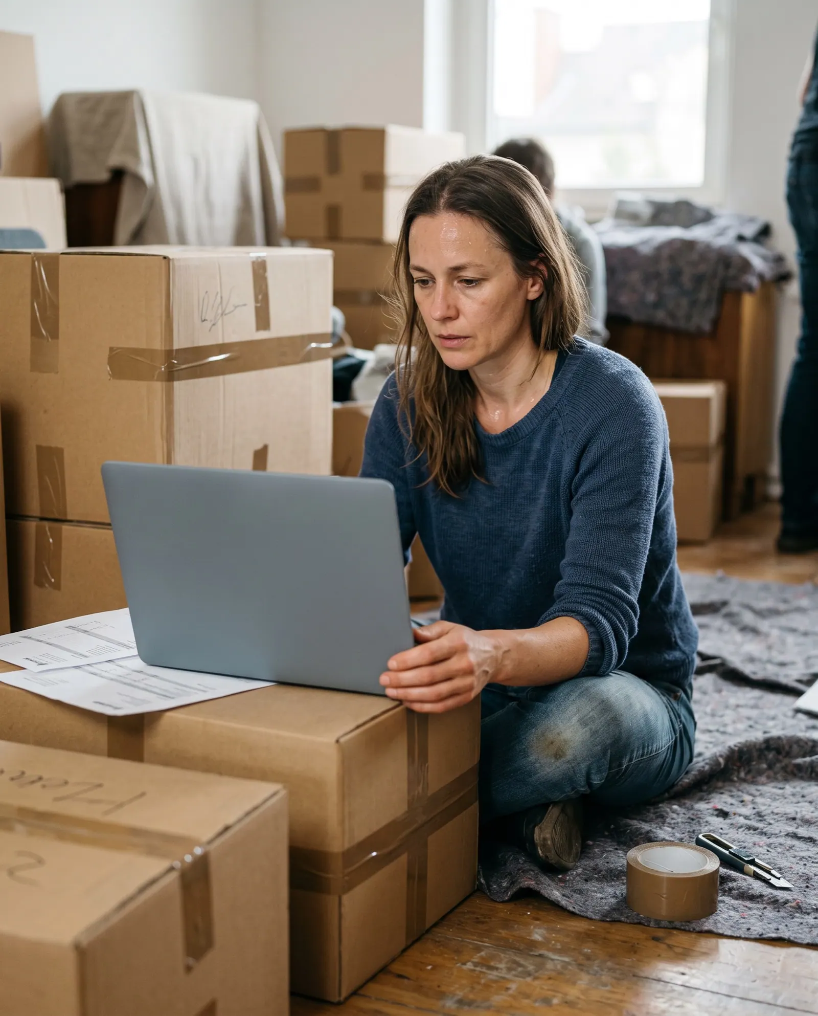 A woman sits among taped boxes in a half-packed apartment comparing moving quotes on a laptop