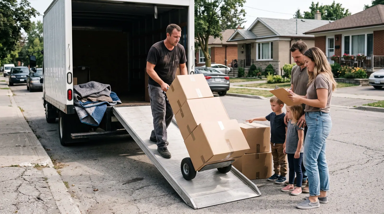 A mover wheels a dolly of boxes up a truck ramp while a family checks items on a clipboard
