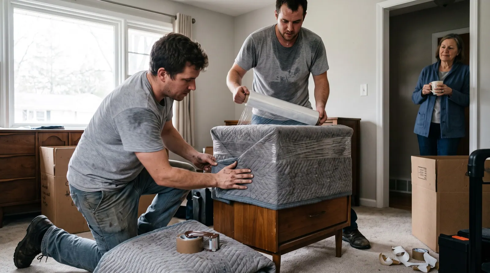 Two movers wrap a wooden dresser in a grey moving blanket while the client watches from the doorway