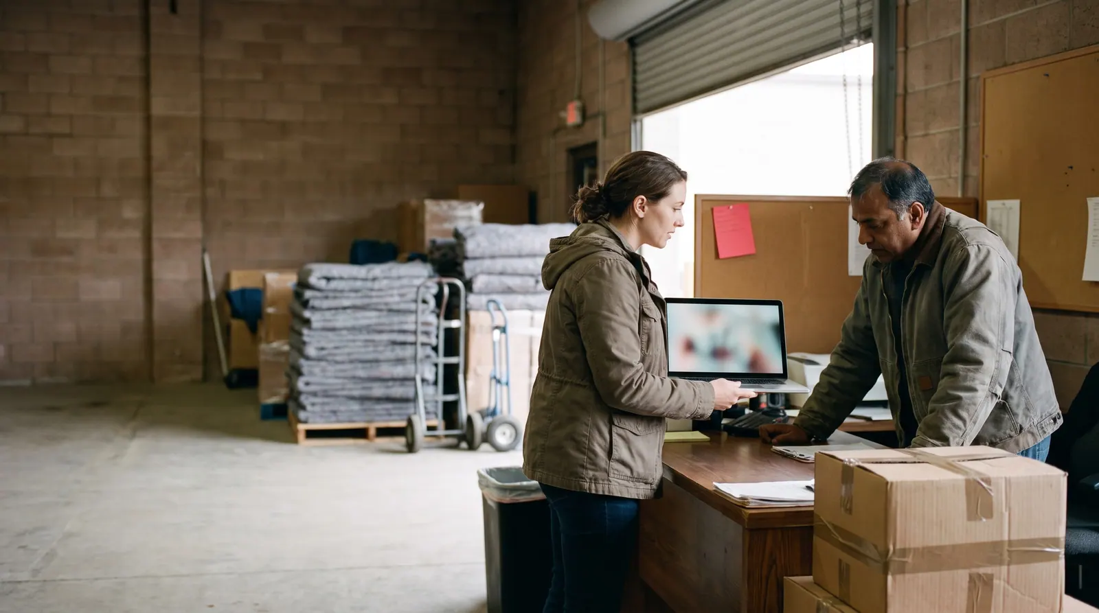 An agency owner shows a laptop to a moving company owner at the dispatch desk of a small warehouse
