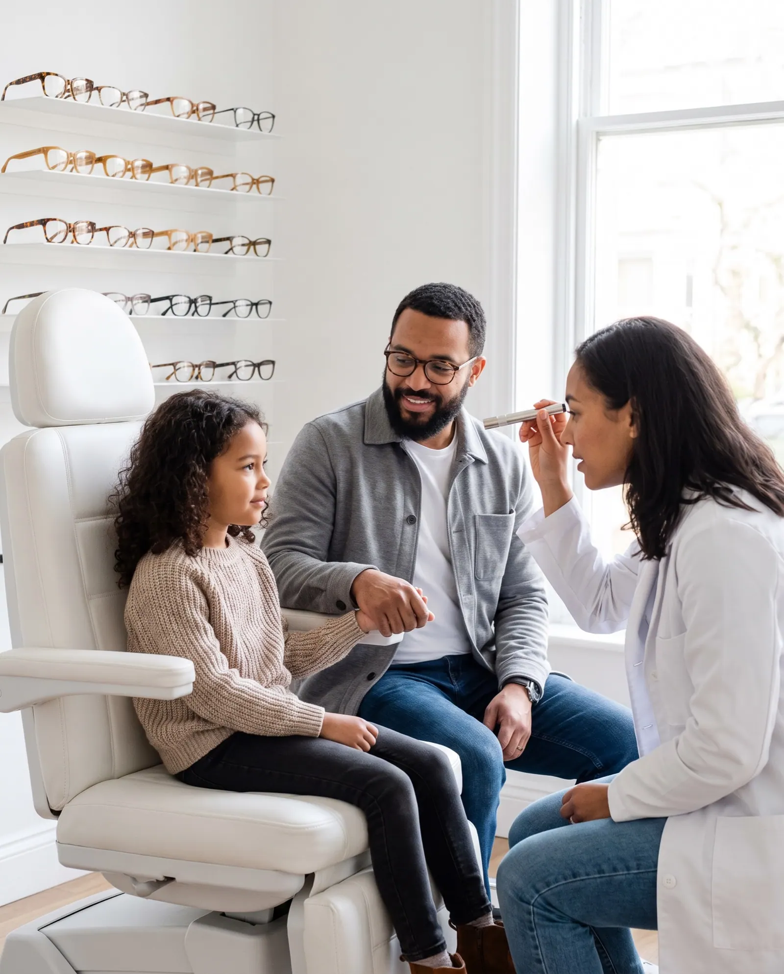 A girl in a large exam chair holds her father's hand while an optometrist kneels with a pen light