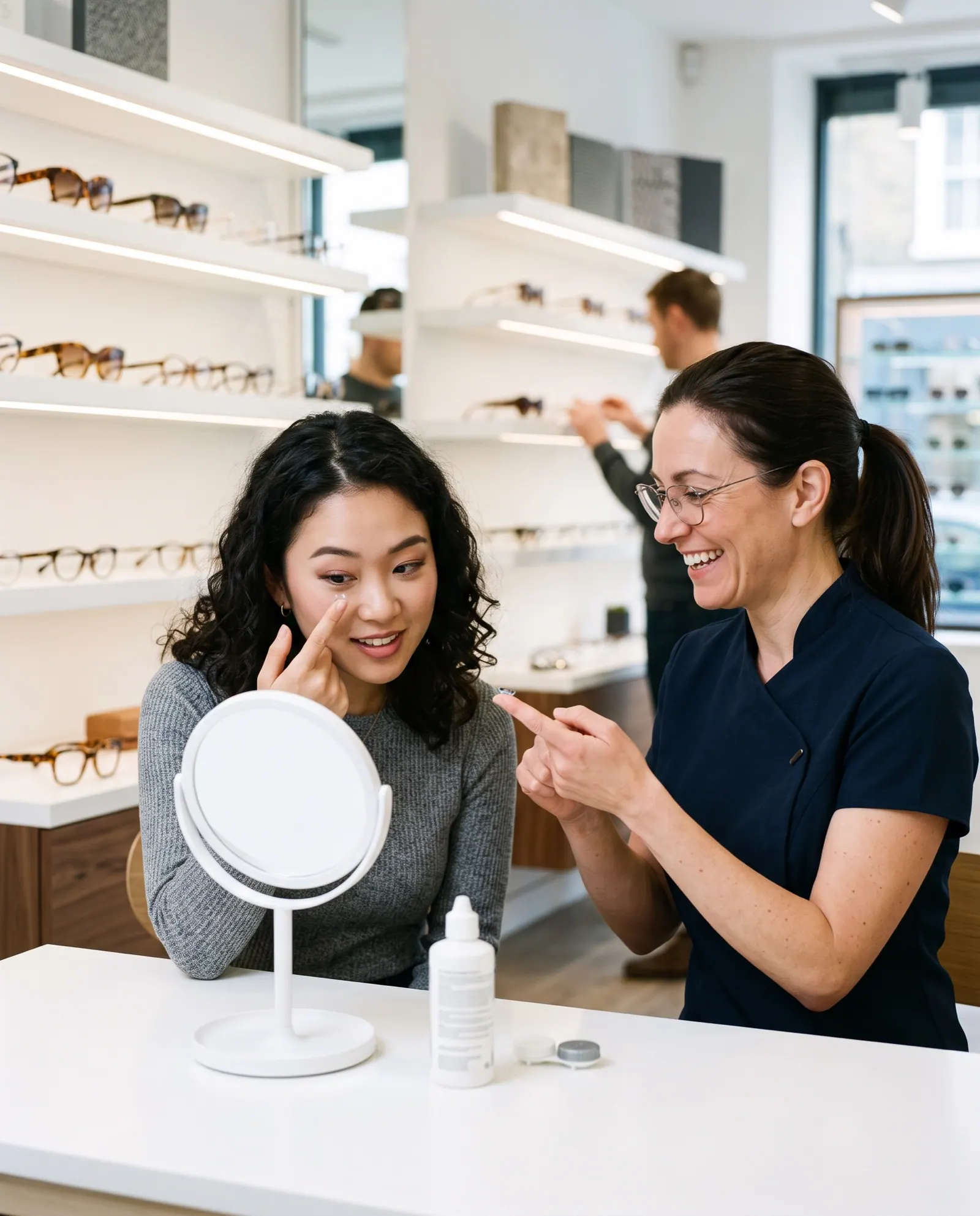 A young woman learns to put in a contact lens at a table with a mirror while an optometrist demonstrates