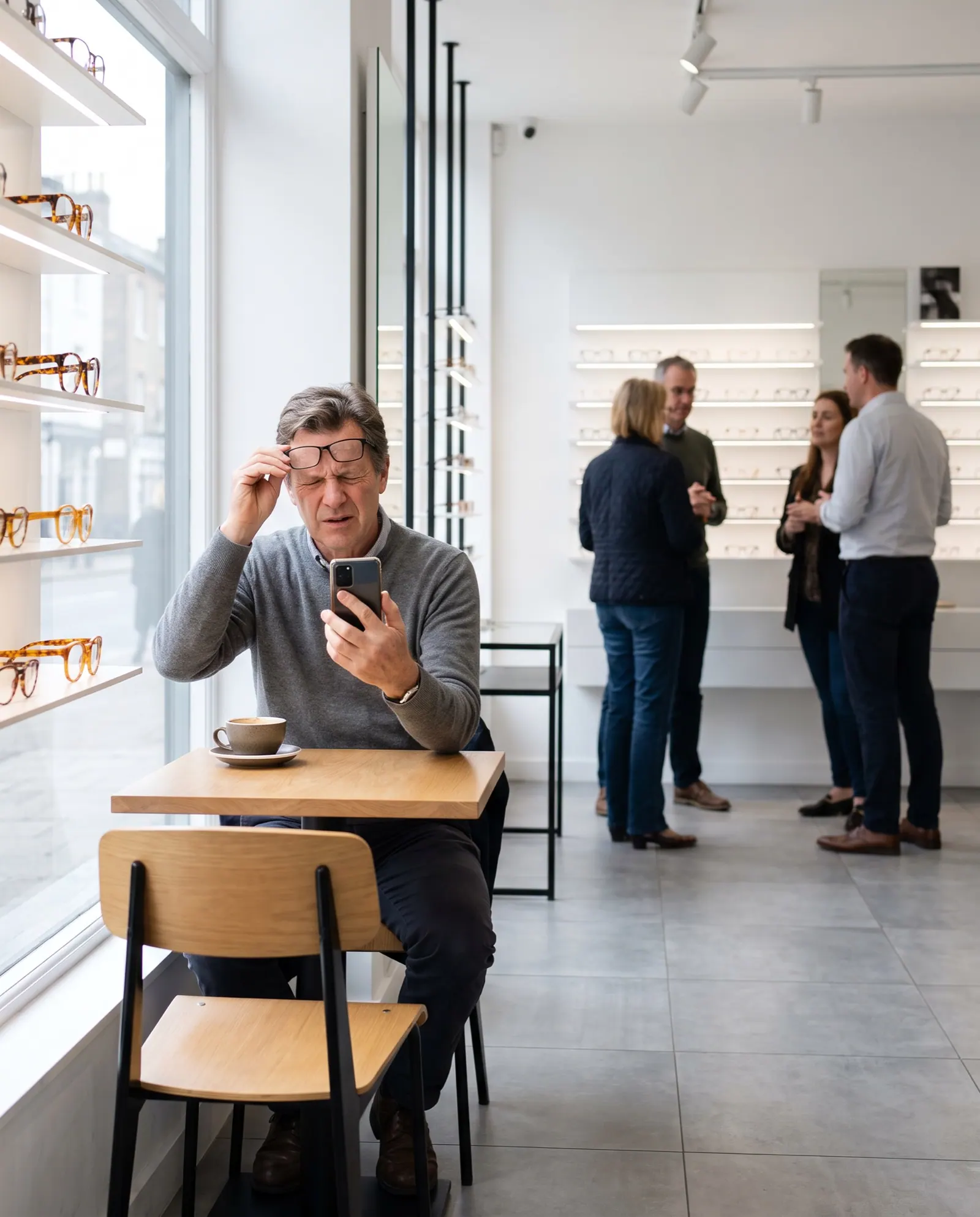 A man at a window table pushes his glasses up and squints at the phone in his hand