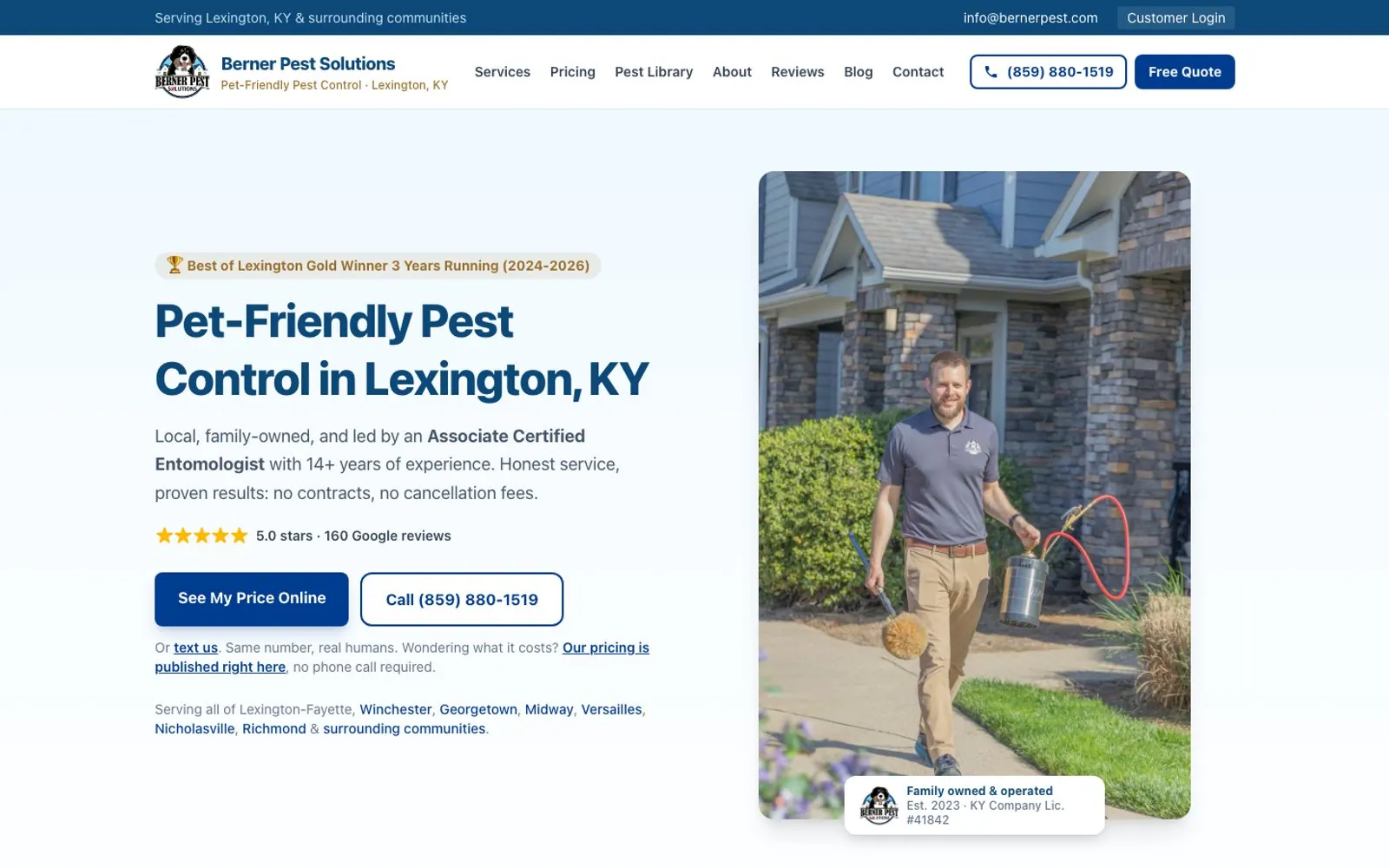 The home page of Berner Pest Solutions