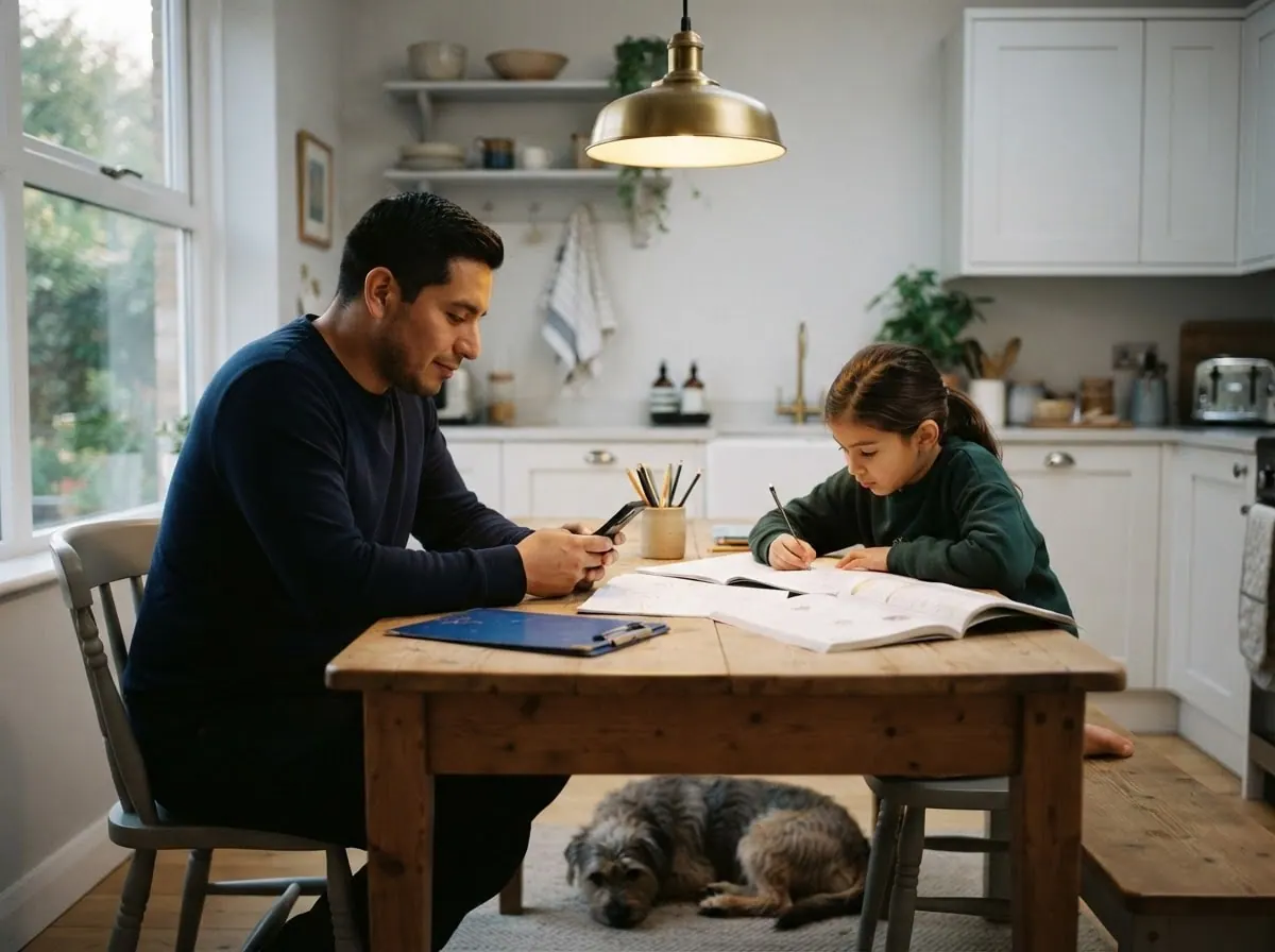 At a kitchen table in the evening a parent scrolls a phone while a child does homework beside them and the dog rests underfoot