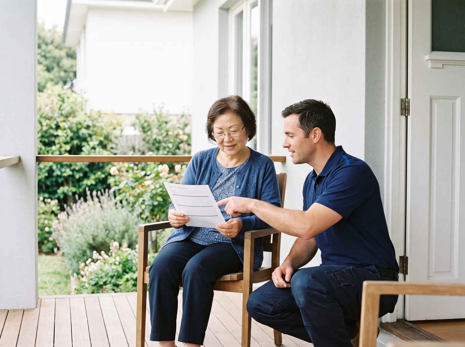 An older homeowner on a sunlit porch reads a printed inspection report while a technician points to a line on it