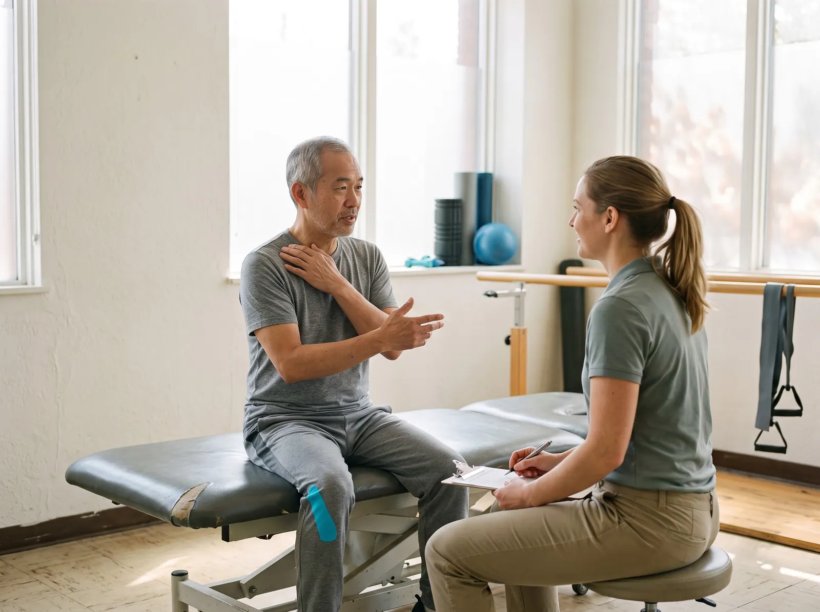 An older man describes his shoulder pain to a therapist who listens with a clipboard on her lap
