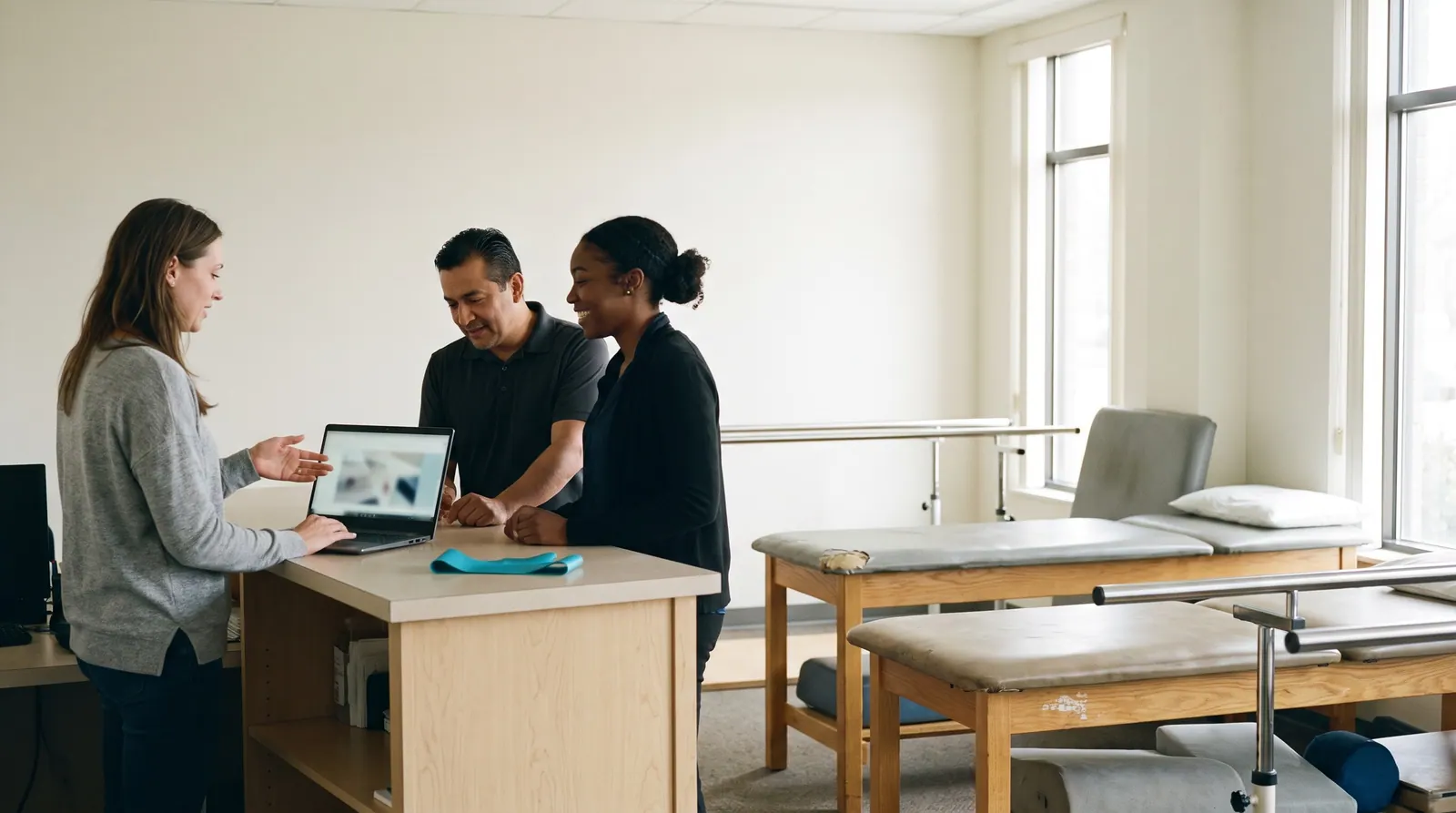 An agency owner shows a laptop to a physical therapist and a front-desk coordinator in a bright clinic gym after hours