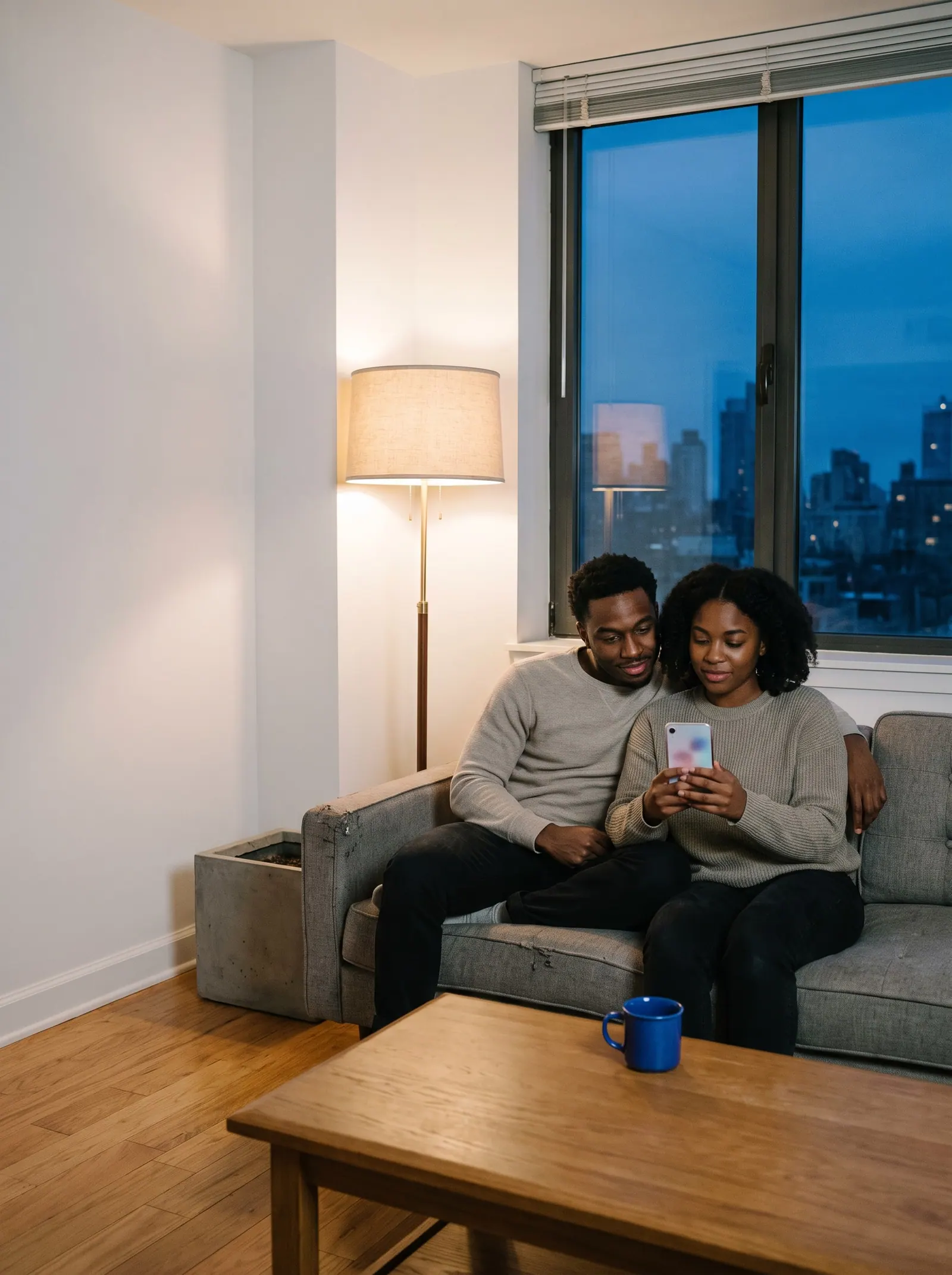 A woman scrolls home listings on her phone on the sofa at dusk while her partner looks over her shoulder