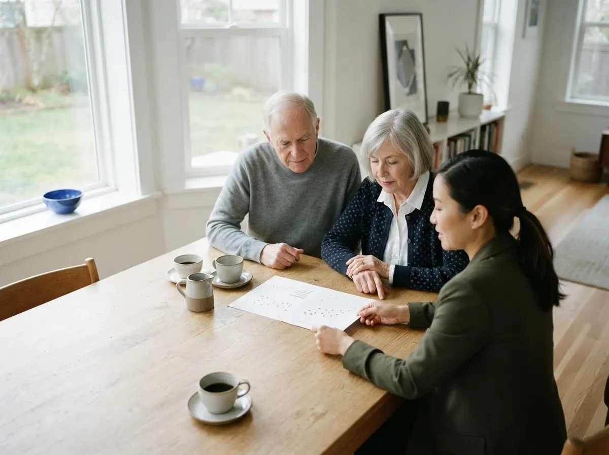 An older couple at their dining table look over a printout of nearby sales with their agent