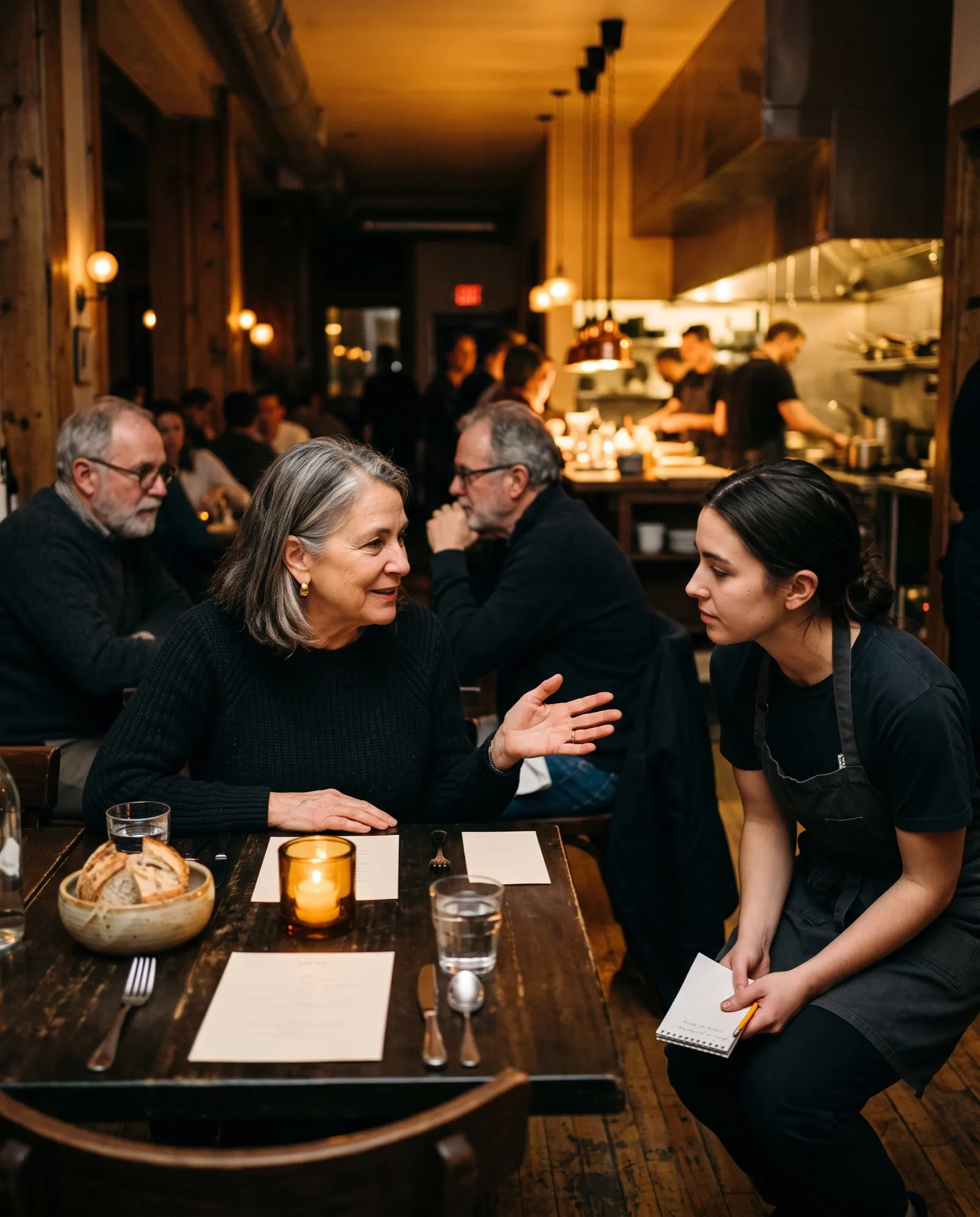 A server crouches beside a table to answer a guest's question about a dish on a printed menu