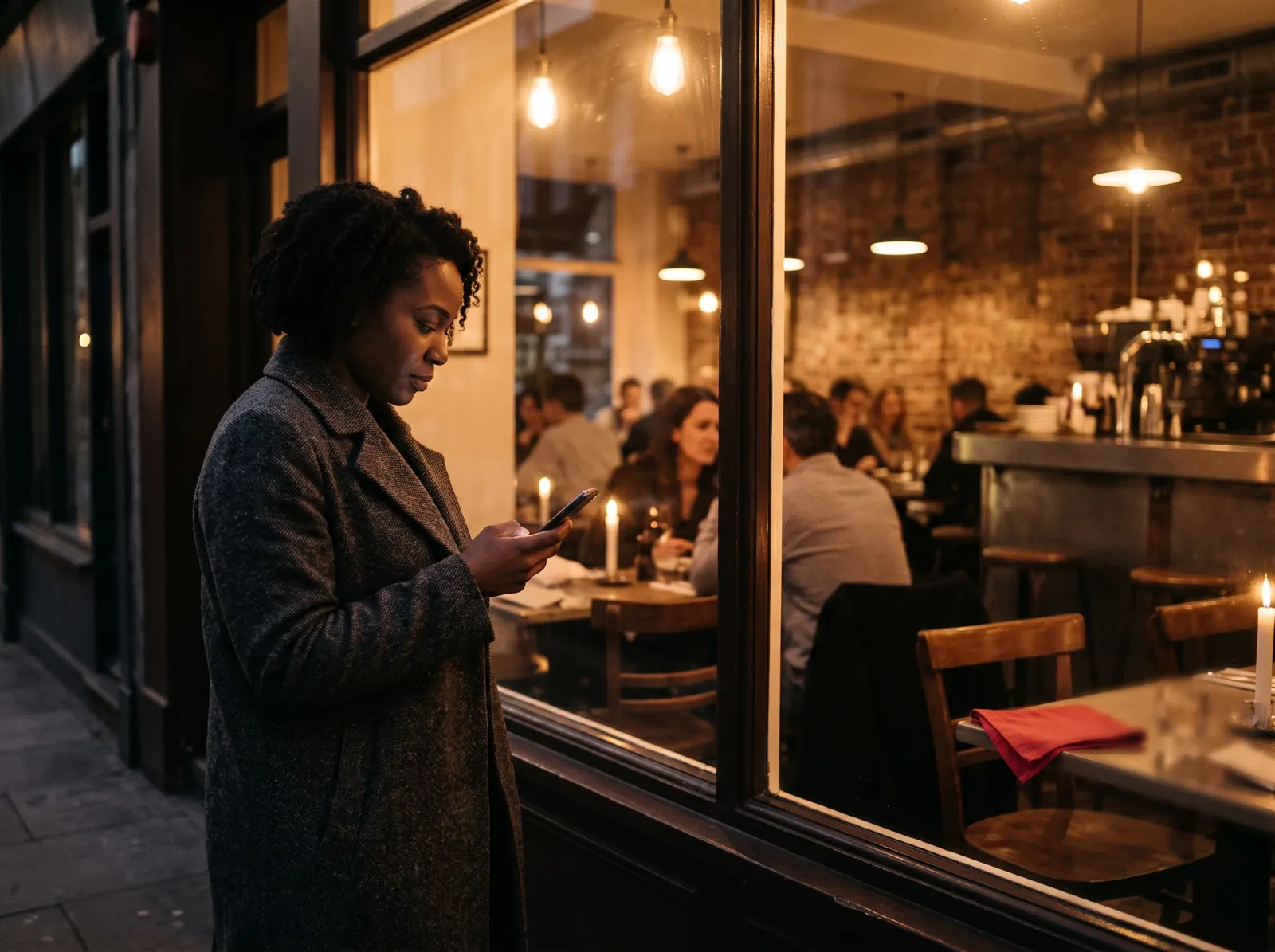 A woman in a wool coat checks her phone outside the lit window of a small café at dusk