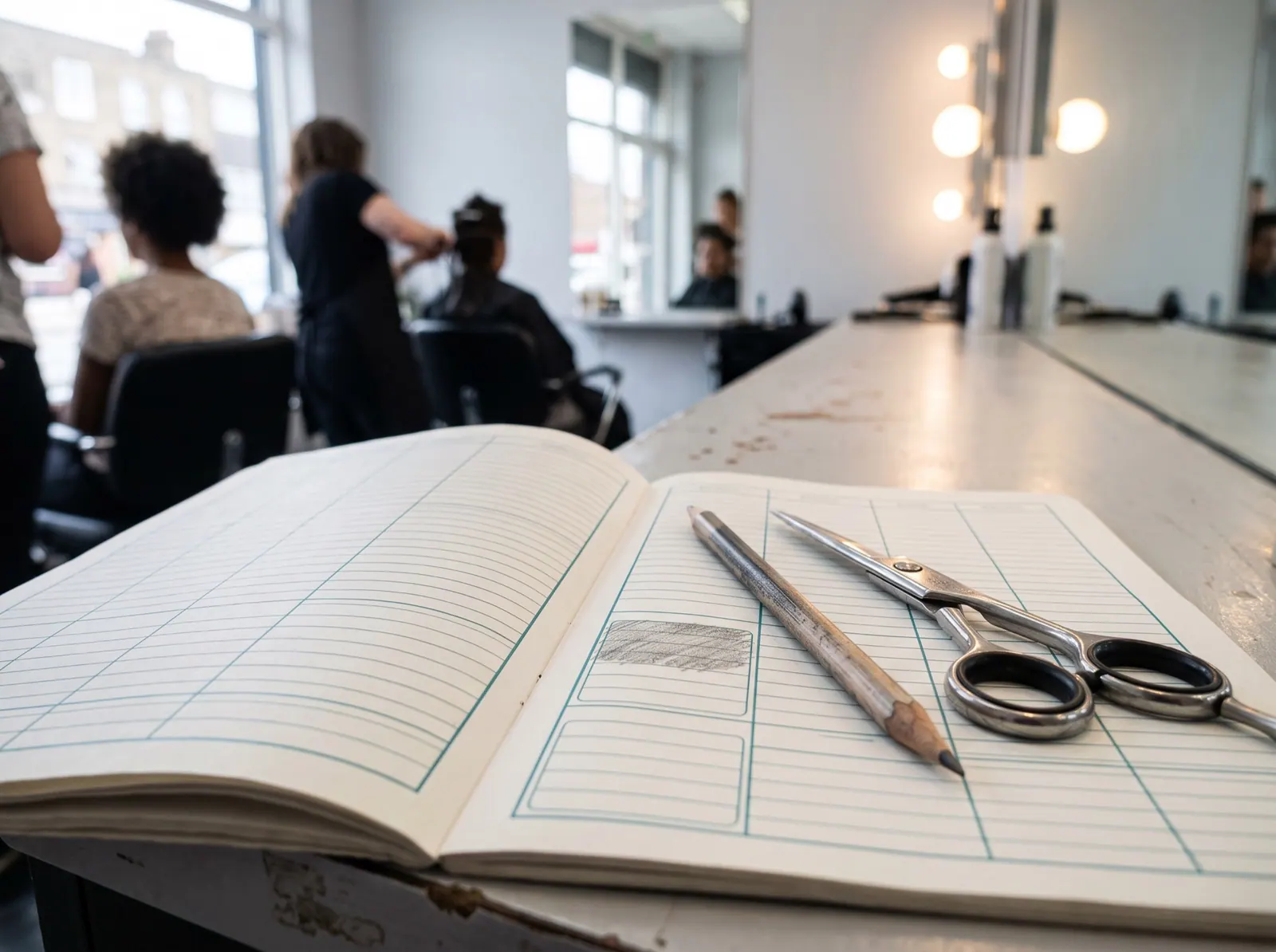 An open salon appointment book with ruled time slots, one slot shaded in pencil, a pencil and cutting shears on the page