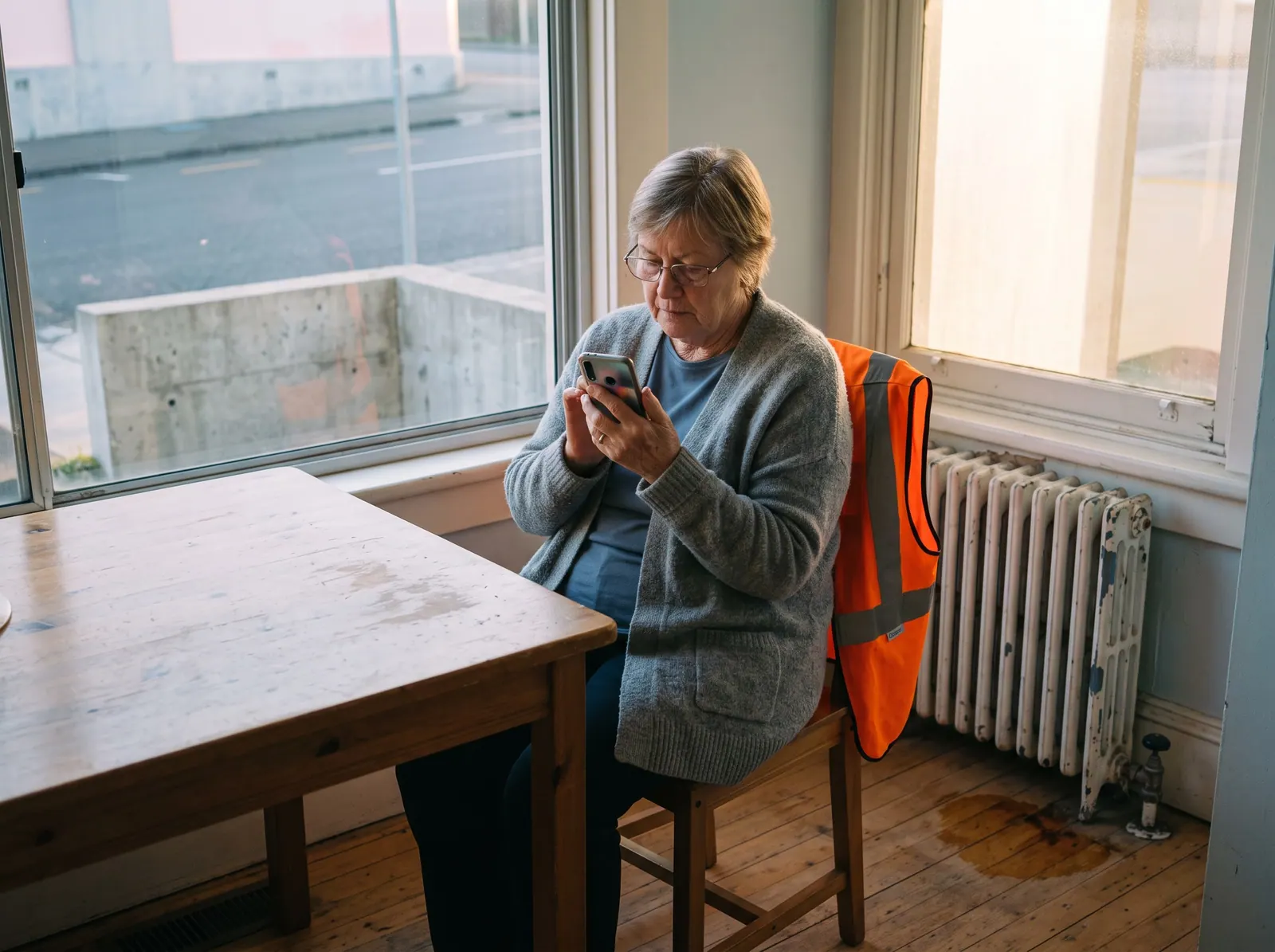 An older woman at her kitchen table looks closely at her phone, a damp patch on the floor by the radiator