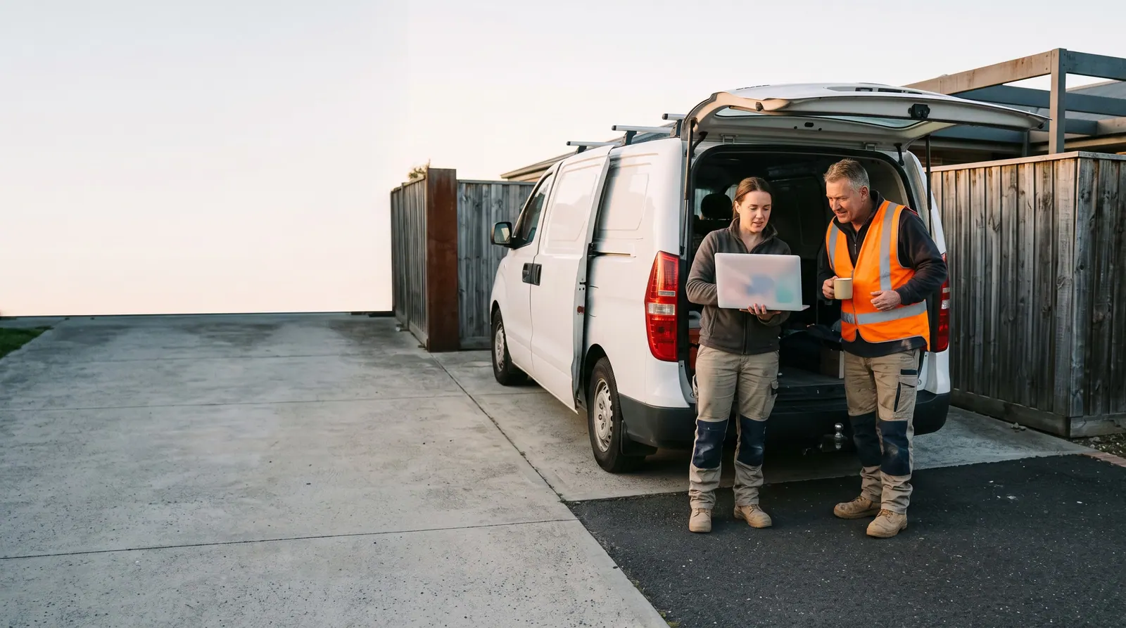 At first light by an open work van, a web agency owner shows a laptop to a contractor holding a coffee