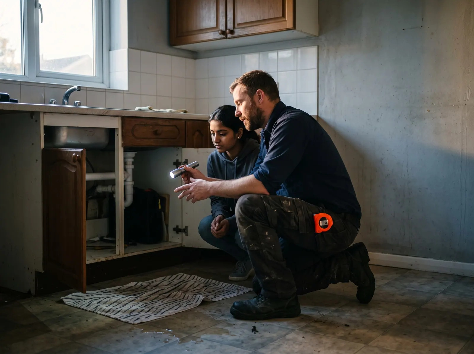 A plumber kneels at an open kitchen sink cabinet with a flashlight, explaining the problem to a homeowner crouched beside them