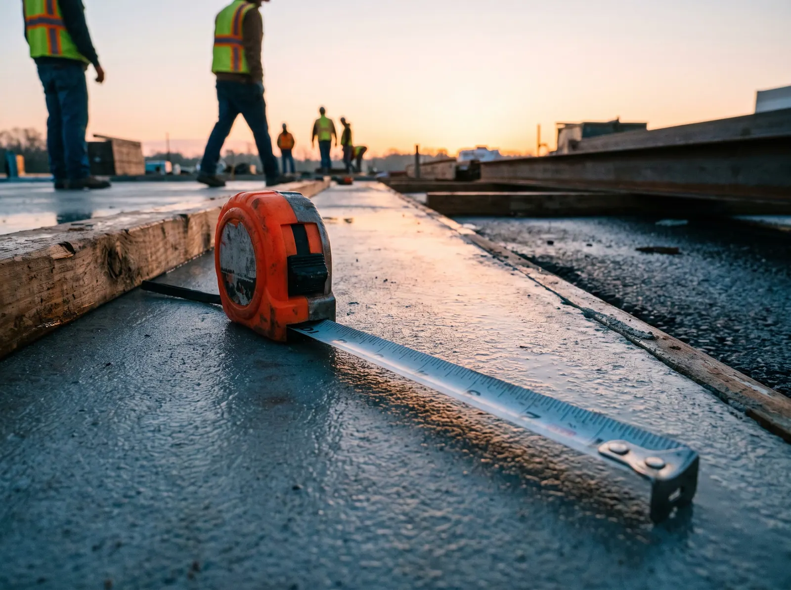 A tape measure with an orange case, its steel blade pulled out across a damp concrete slab