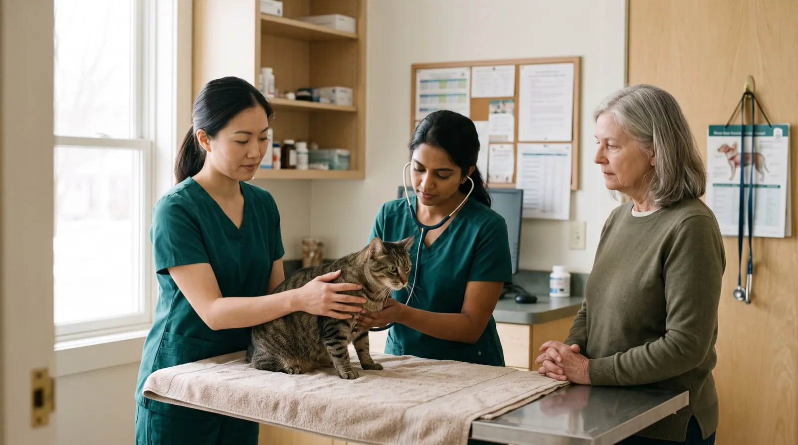 A technician gently holds a tabby cat while a veterinarian listens with a stethoscope and the owner watches