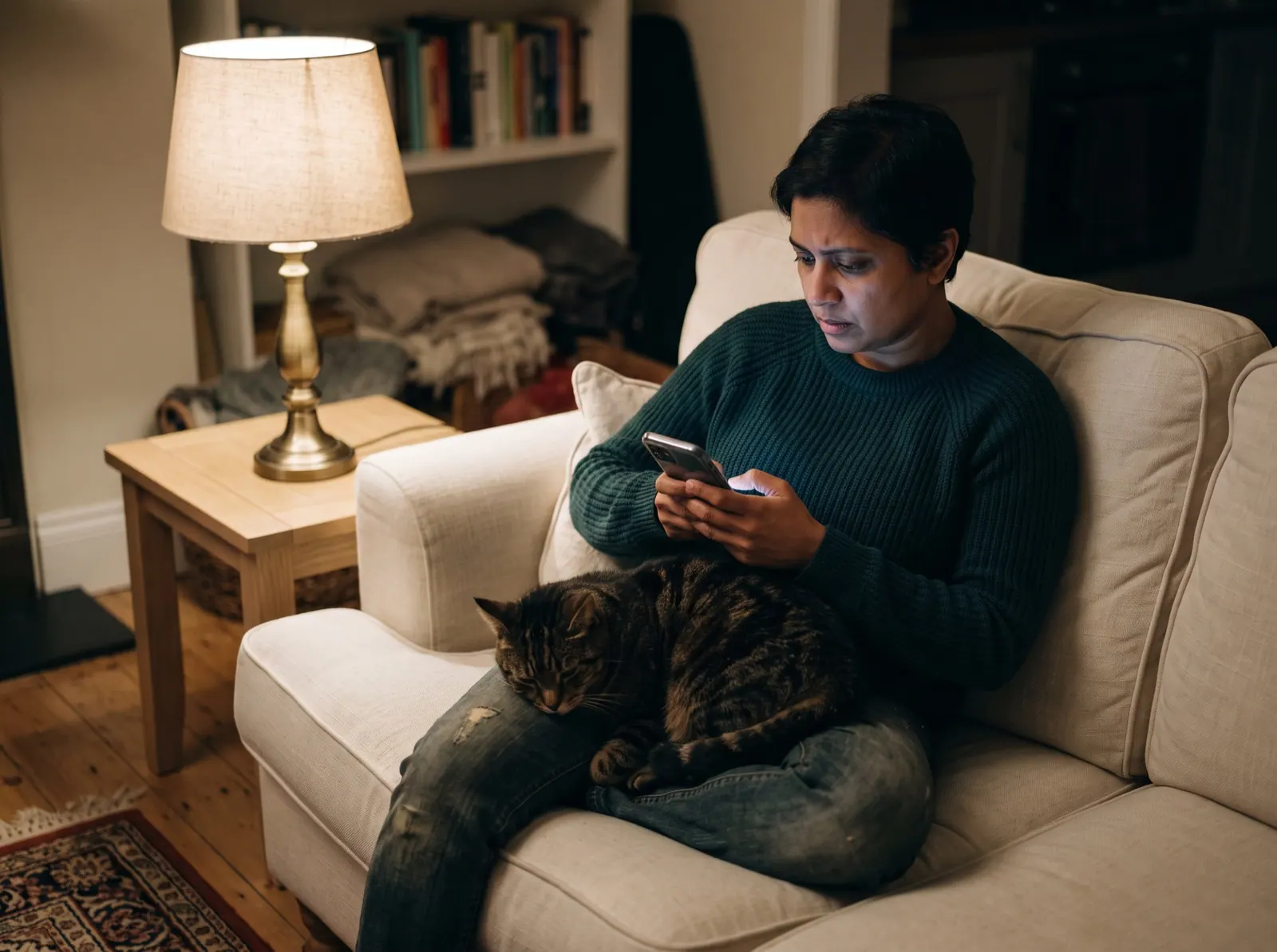 A worried owner searches on a phone late at night with a sleeping cat on their lap