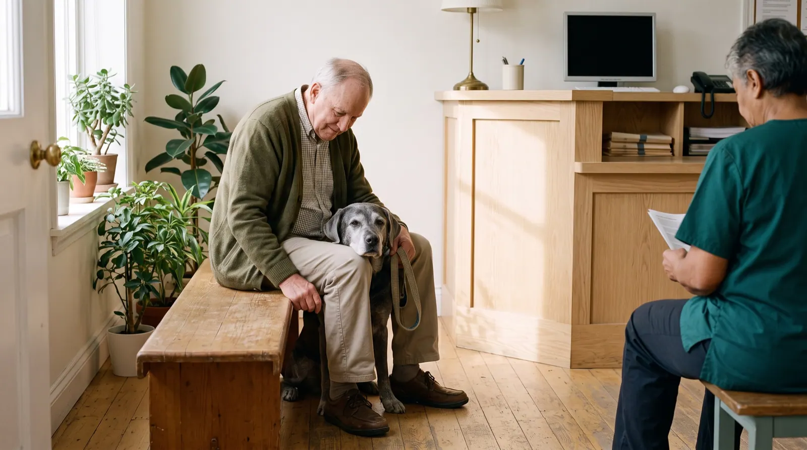 An older man waits in a sunlit clinic with his grey-muzzled dog resting its head on his knee