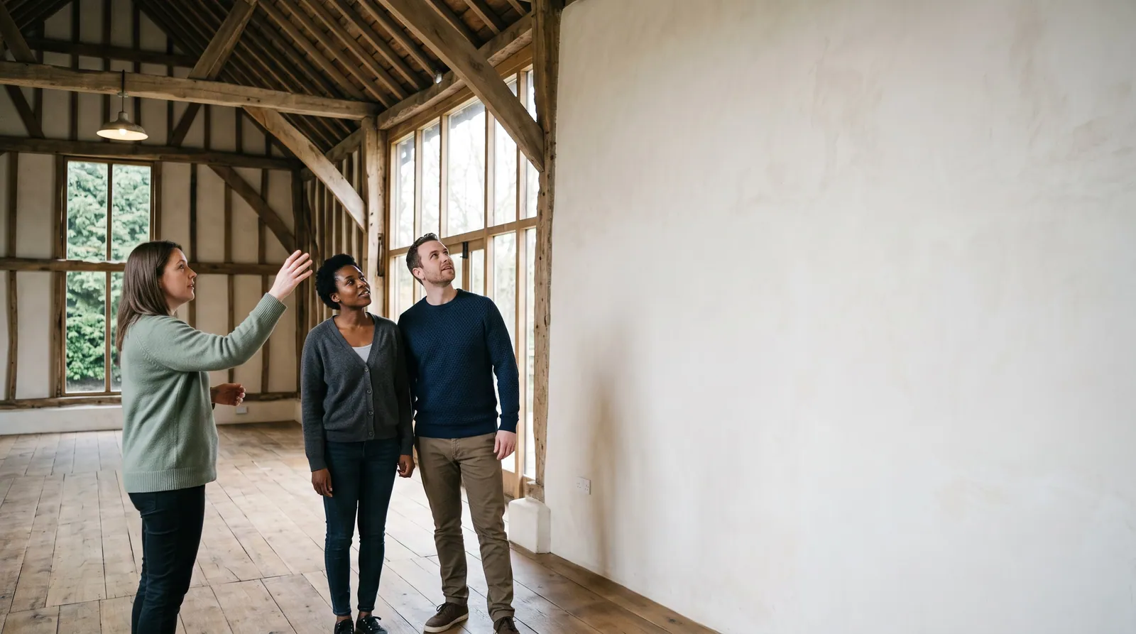 A venue coordinator shows an engaged couple around an empty restored barn, light falling across the floorboards