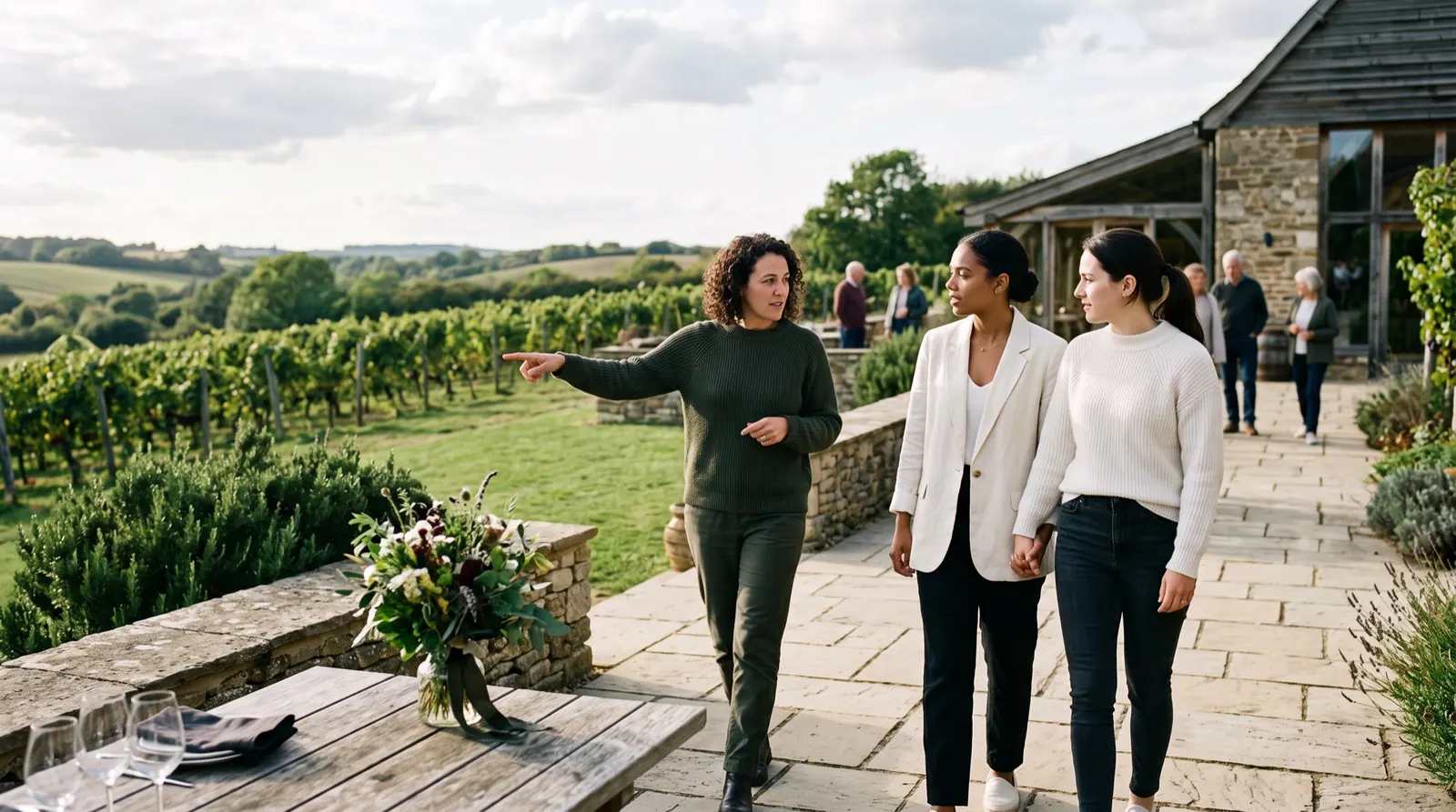 A venue coordinator walks two women along a vineyard terrace in golden light, pointing toward the vines