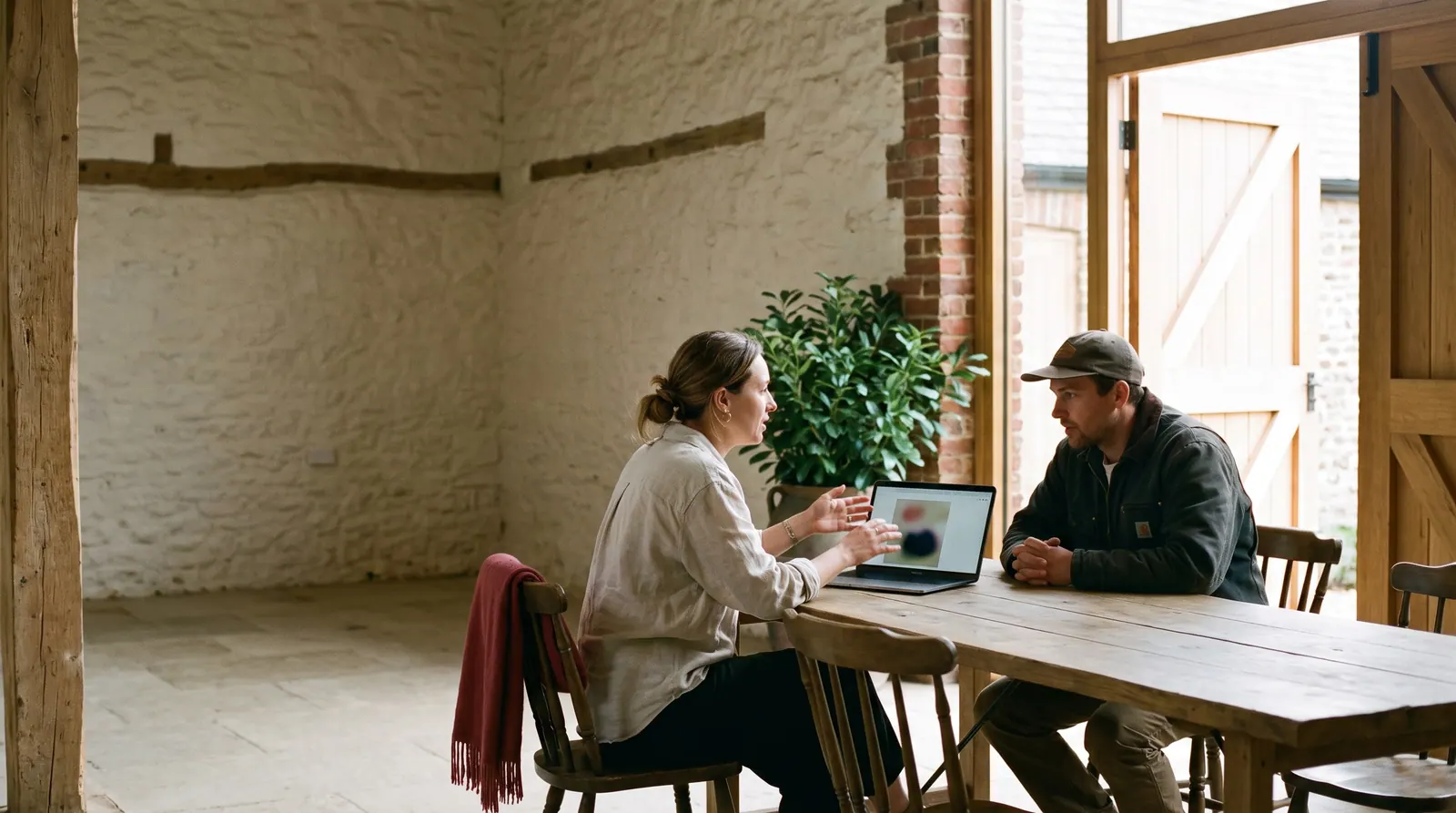 On a quiet weekday, an agency owner shows a laptop to a venue owner at a long farm table in an empty barn